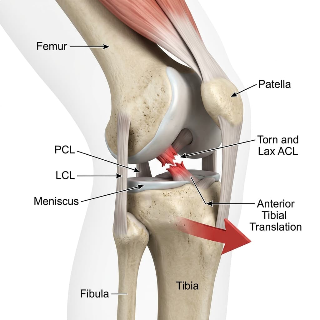 Illustration of the knee joint showing path of abnormal tibia translation under joint laxity.