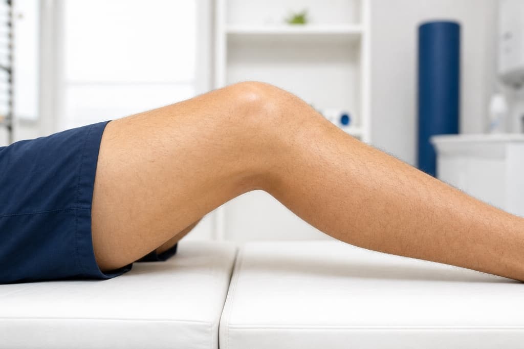 Clinical photograph showing a patient's knee stuck in a flexed (bent) position on an examination table, unable to fully extend.