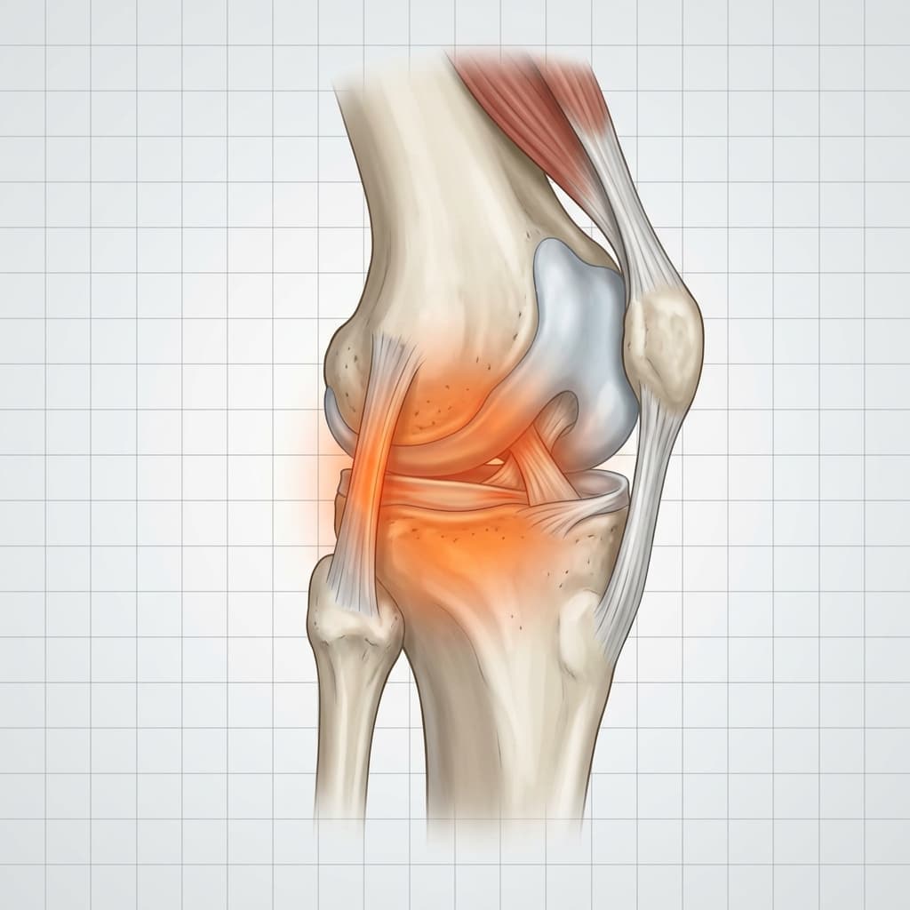 Lateral view of the knee joint with the lateral compartment and collateral ligament highlighted in orange.