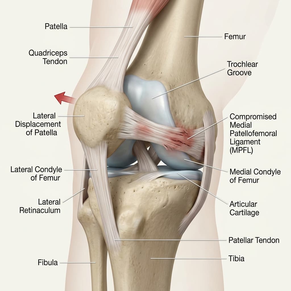 Anterior diagram showing a kneecap displacing laterally outside the boundaries of the trochlear groove.