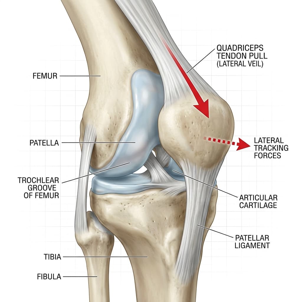 Illustration of the kneecap resting in the trochlear groove showing lateral tracking forces.