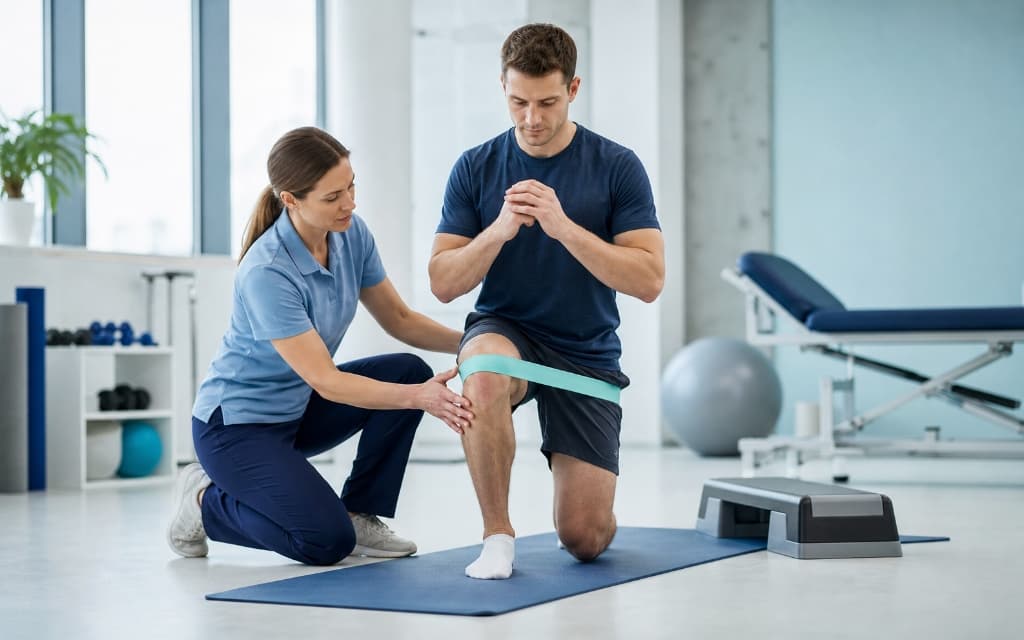 Infographic displaying progressive knee exercises: range of motion, isometric quad sets, and balance training.