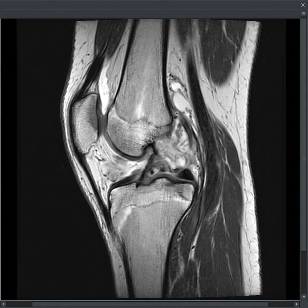 Sagittal MRI scan of the knee showing disruption of the anterior cruciate ligament with associated bone bruising. Annotations identify key structural changes.