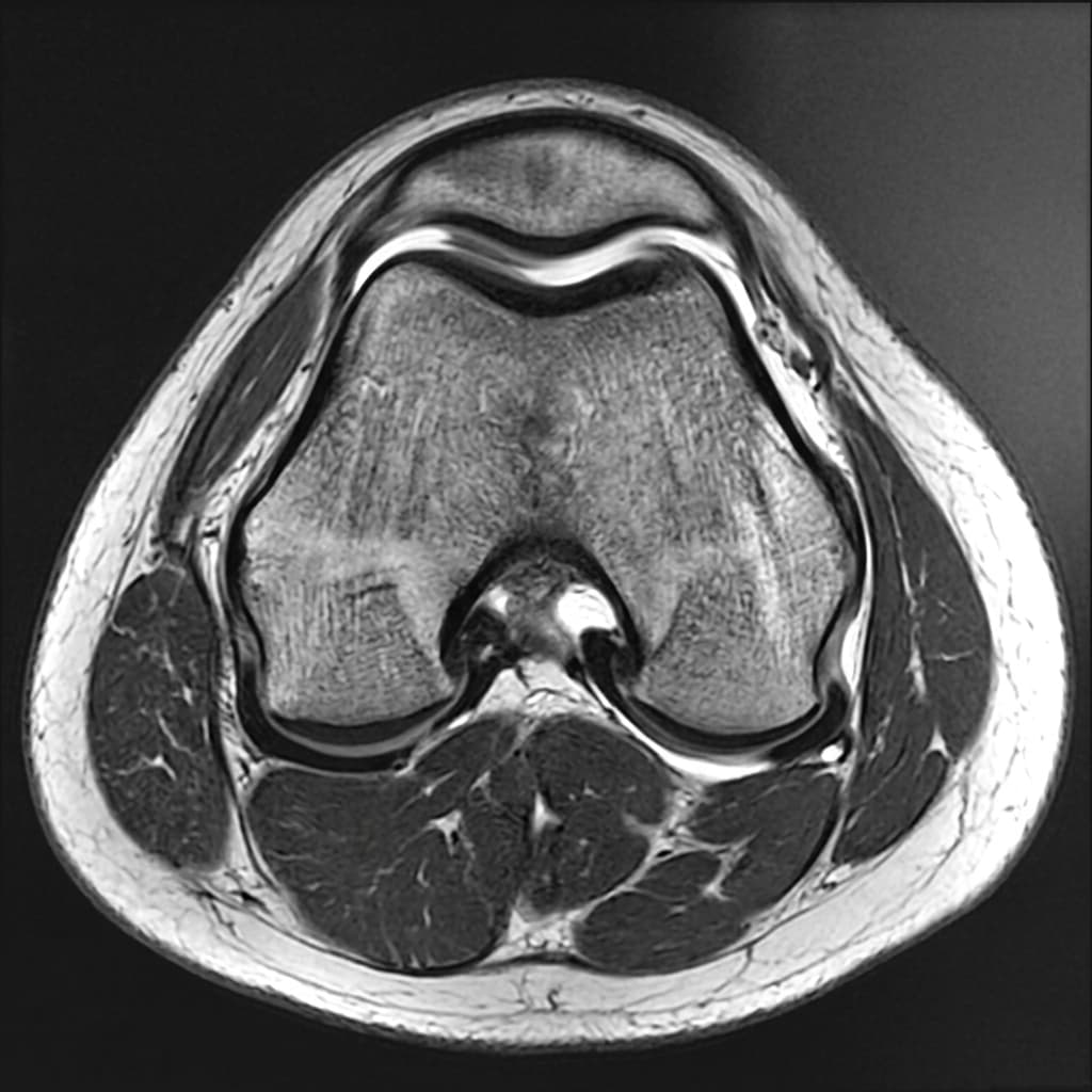 Axial T2-weighted MRI scan of the patellofemoral joint showing the patella seated within the trochlear groove of the femur.