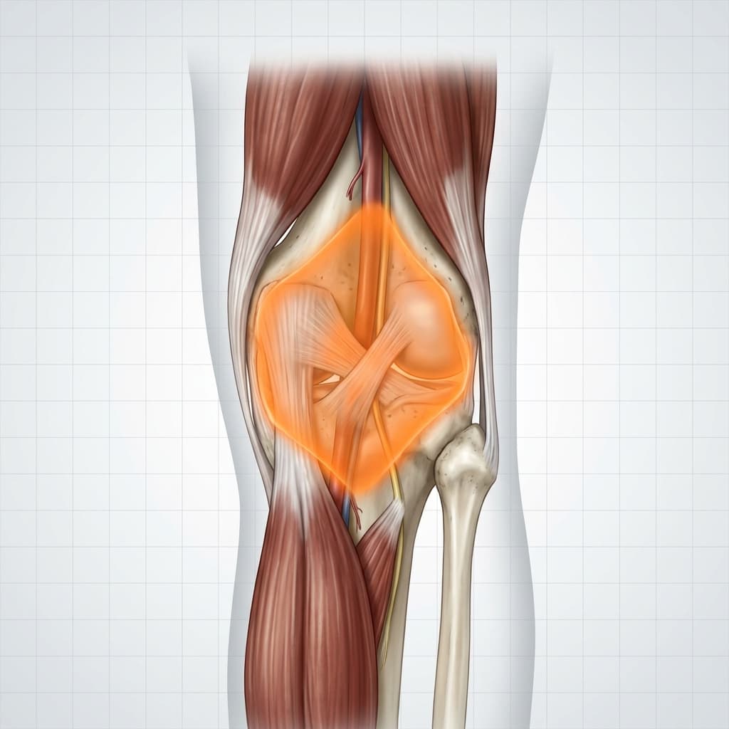 Posterior view of the knee joint with the popliteal space highlighted in orange, representing common sources of back-of-knee pain.