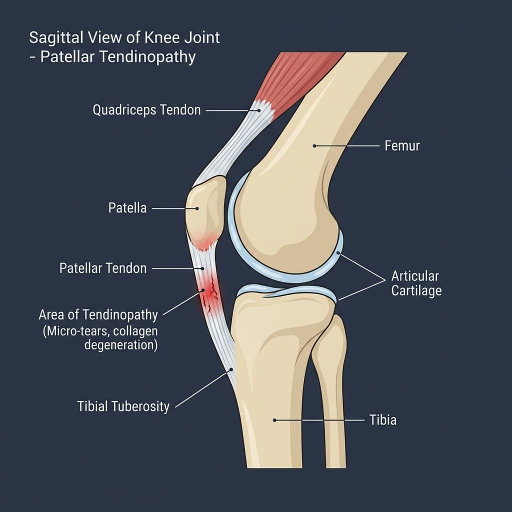 Diagram showing the patellar tendon connecting the kneecap to the shin bone with micro-tears highlighted.